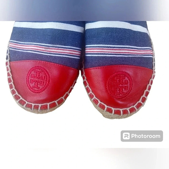 Tory Burch Nautical Blue Stripe Leather Cap Toe Jute Espadrilles Size 9 - Picture 5 of 8